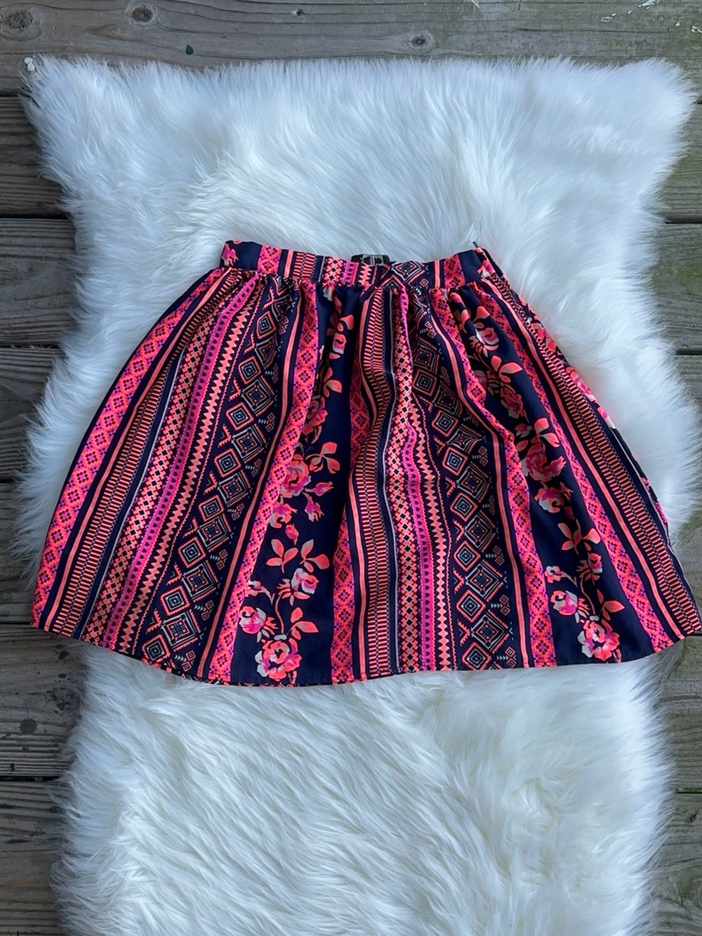 Rare Editions Navy and Hot Pink Patterned Skater Skirt